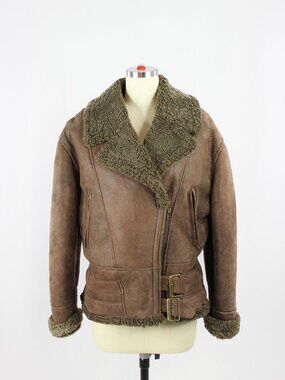 Vintage 90's ALDO Brown Sheepskin Leather Shearling Moto Biker Jacket, Size M